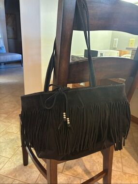Fringed Suede Shoulder Bag - Black